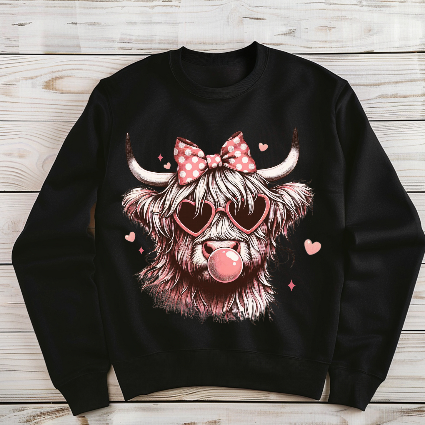 Adorable Highland Cow with Heart Sunglasses – Playful and Stylish Farm Animal Design