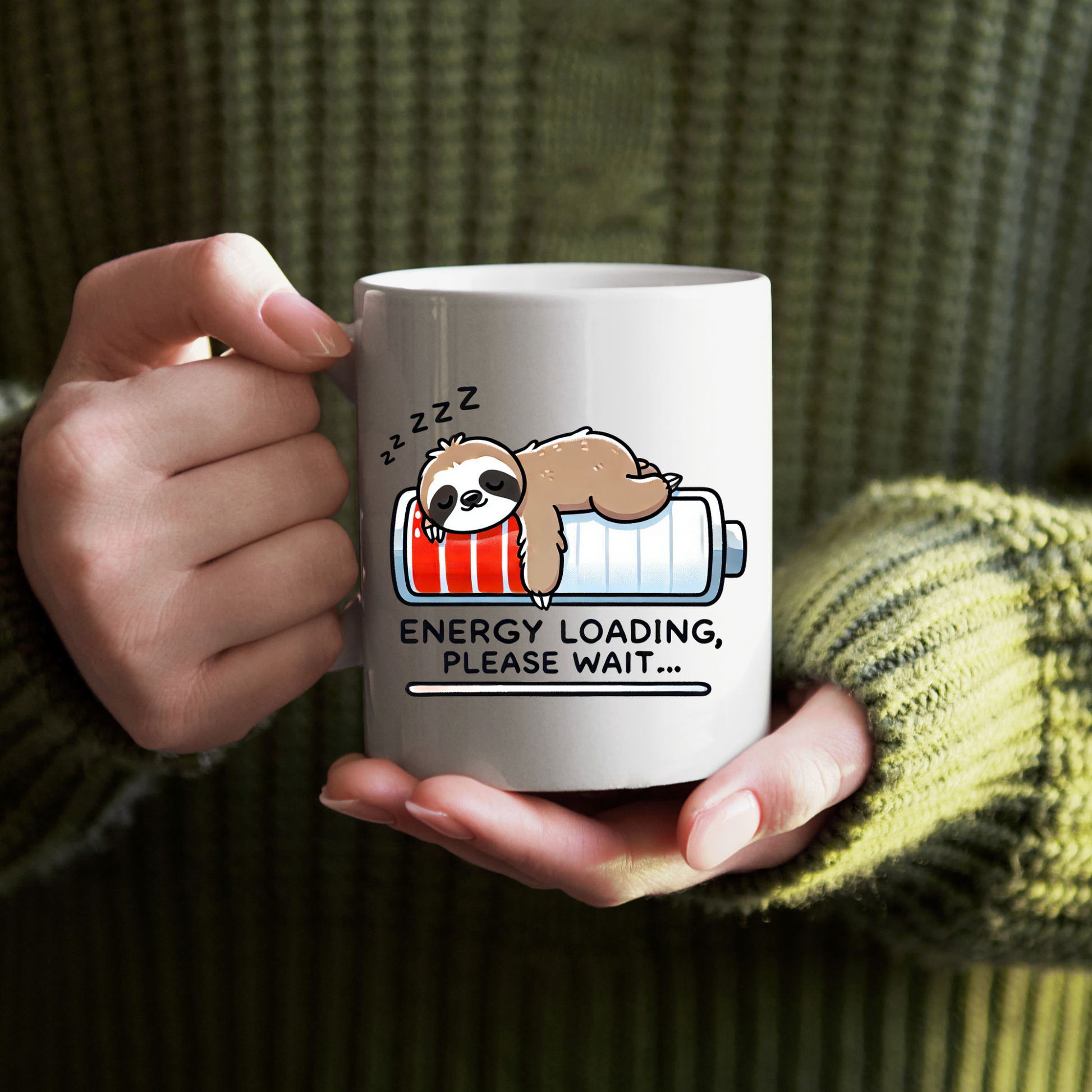 Adorable Sloth Mug - Napping Sloth on Battery Icon for Slow Mornings