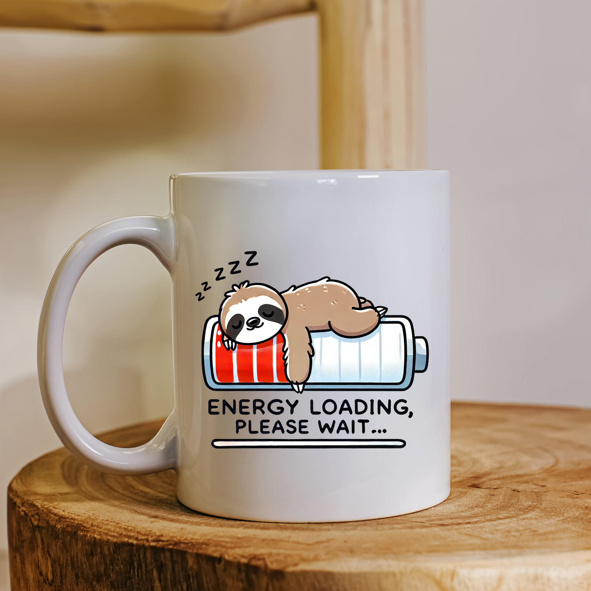 Funny Sloth Mug - 'Energy Loading… Please Wait!' with Sloth on Battery Icon