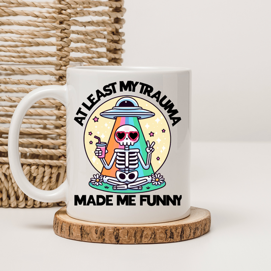 Funny Alien Skeleton Coffee Mug - ‘At Least My Trauma Made Me Funny’ with Vibrant Print