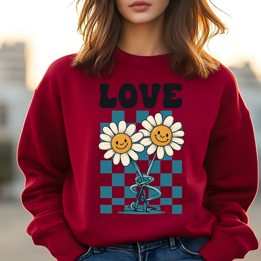 Smiley Daisy Crewneck – Retro Love Graphic Sweater in cozy cotton blend, perfect for casual wear