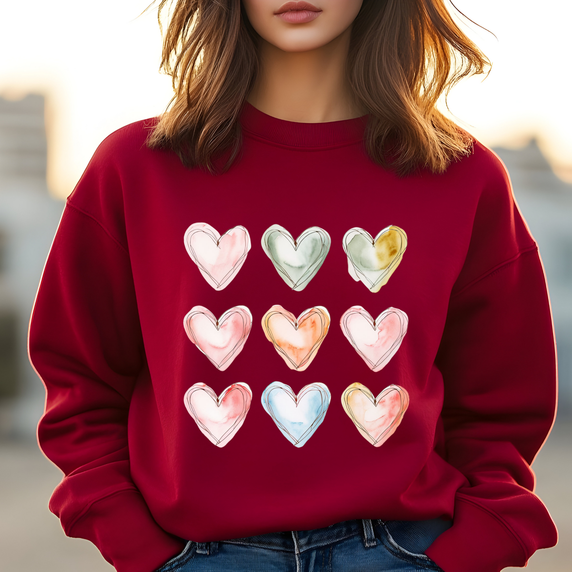 Pastel heart design sweatshirt – A cozy Valentine’s Day and anniversary gift.