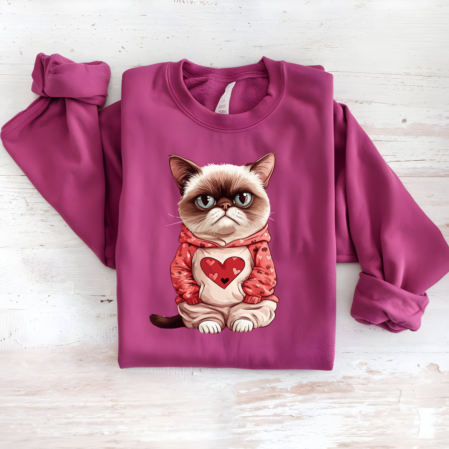 Close-Up of Grumpy Cat Valentine's Sweatshirt Material - Soft Cotton-Polyester Blend