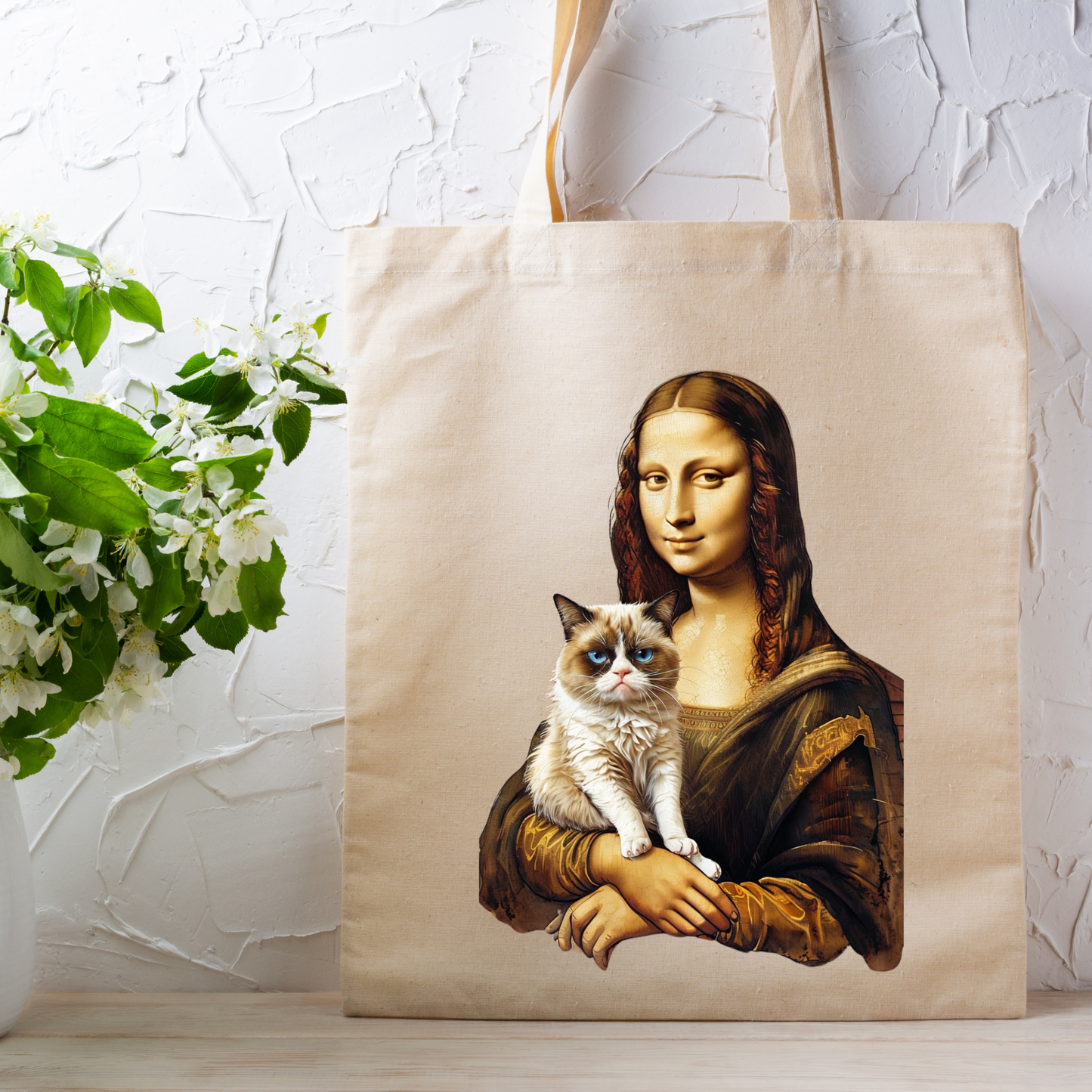 Eco-Friendly Grumpy Cat Mona Lisa Tote - Perfect for Cat Lovers and Art Enthusiasts