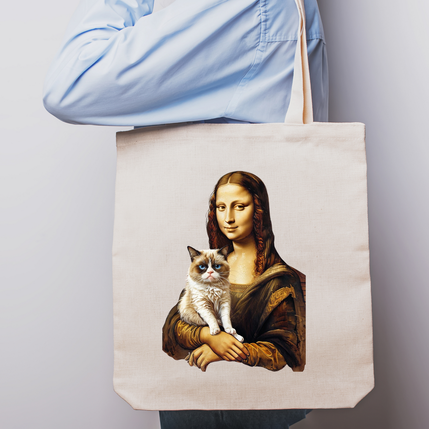 Funny and Unique Grumpy Cat Mona Lisa Tote Bag for Cat Lovers