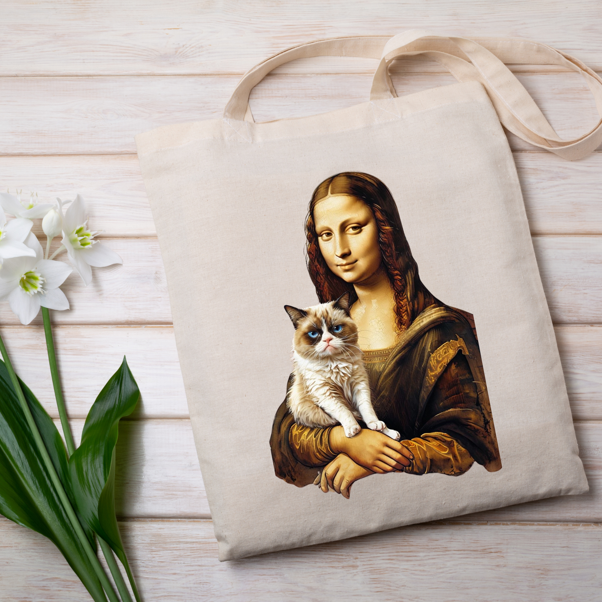 Grumpy Cat Mona Lisa Tote Bag - Unique Cat Lover Gift with Artistic Parody Design