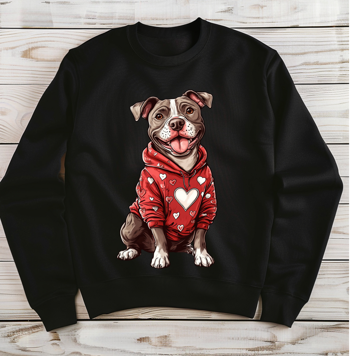 Cozy Pitbull Sweatshirt - Adorable Pitbull in Red Hoodie with Hearts