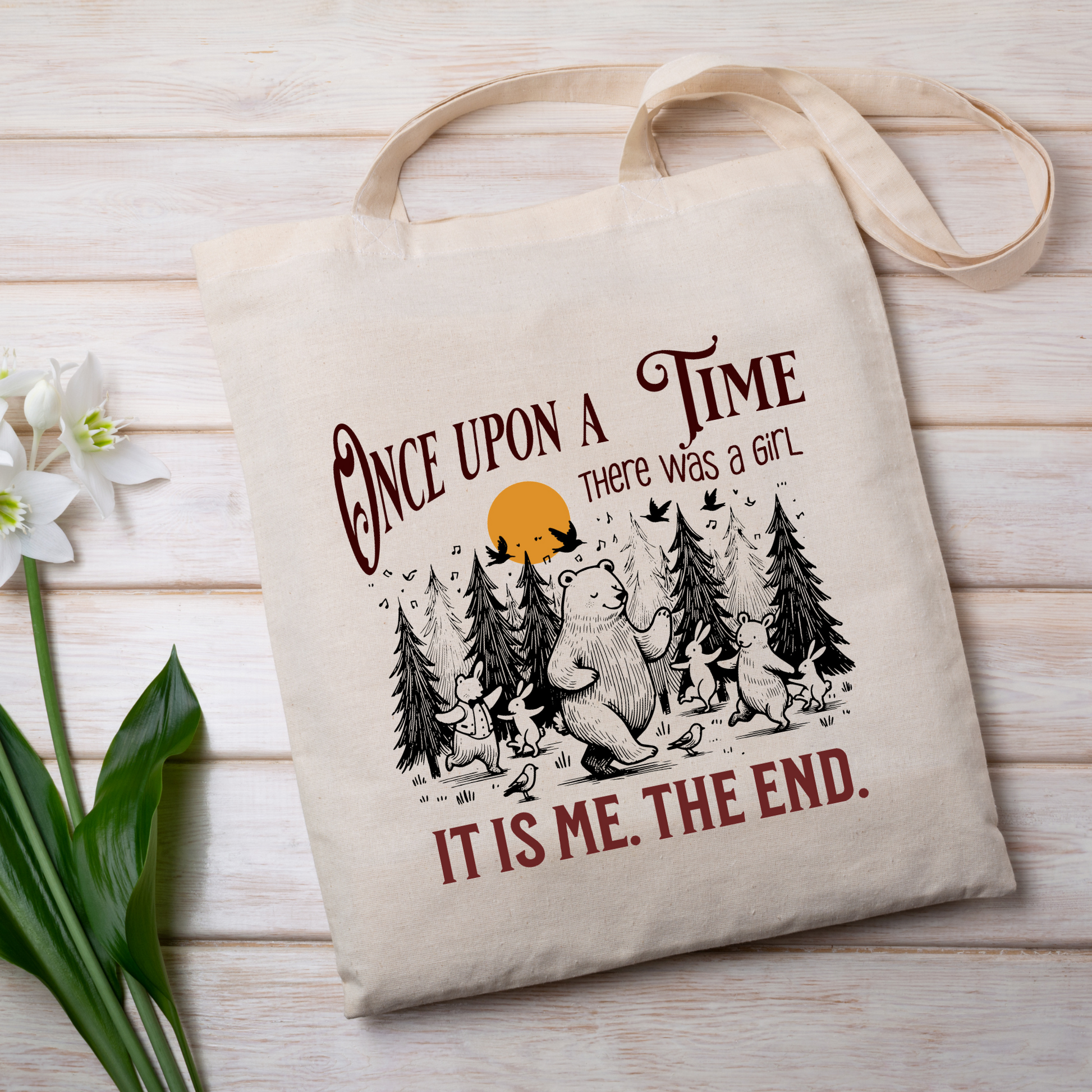 Eco-friendly cotton canvas tote featuring a whimsical woodland design and relatable quote