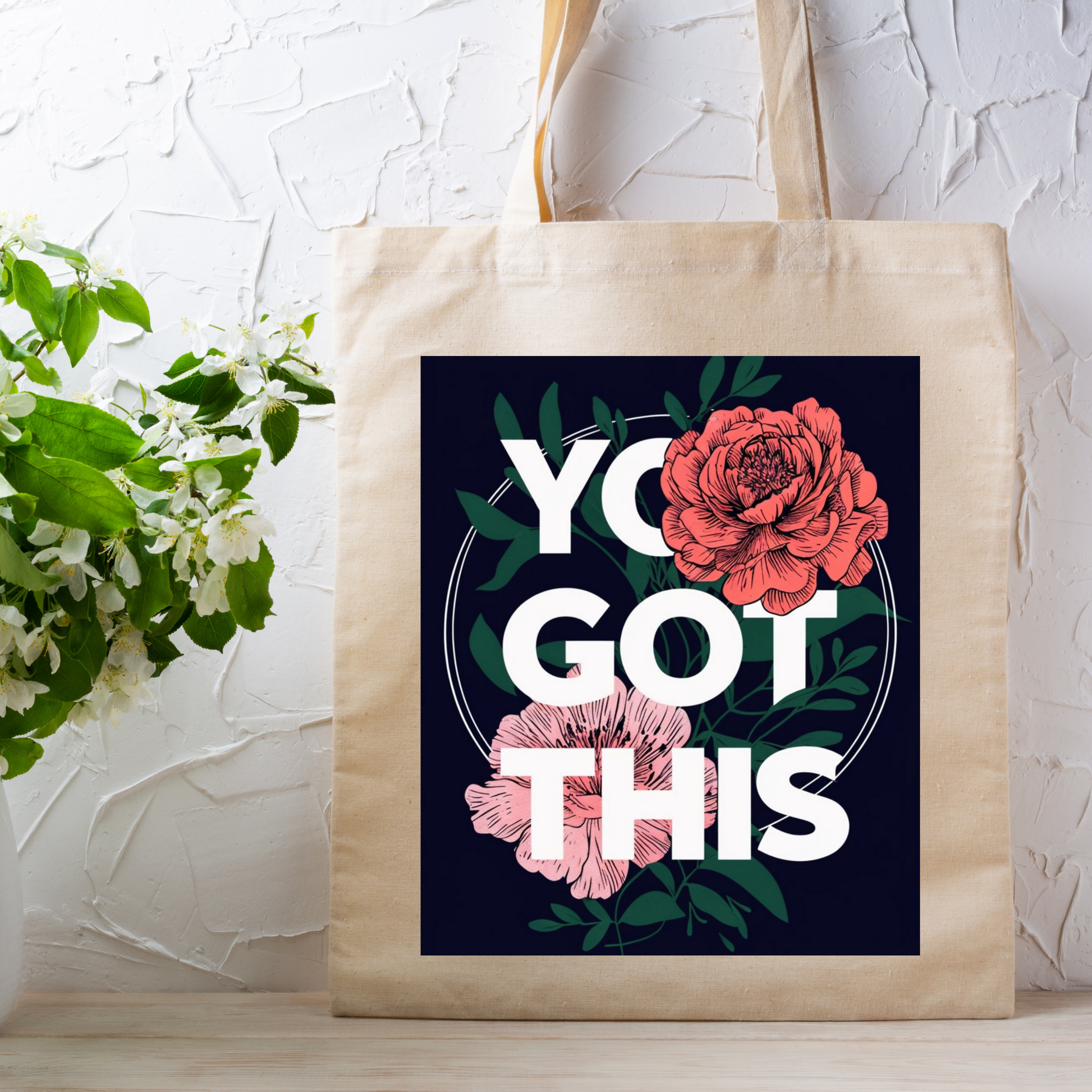 Eco-friendly floral tote bag in use – Ideal for work, school, or daily essentials while spreading motivation.