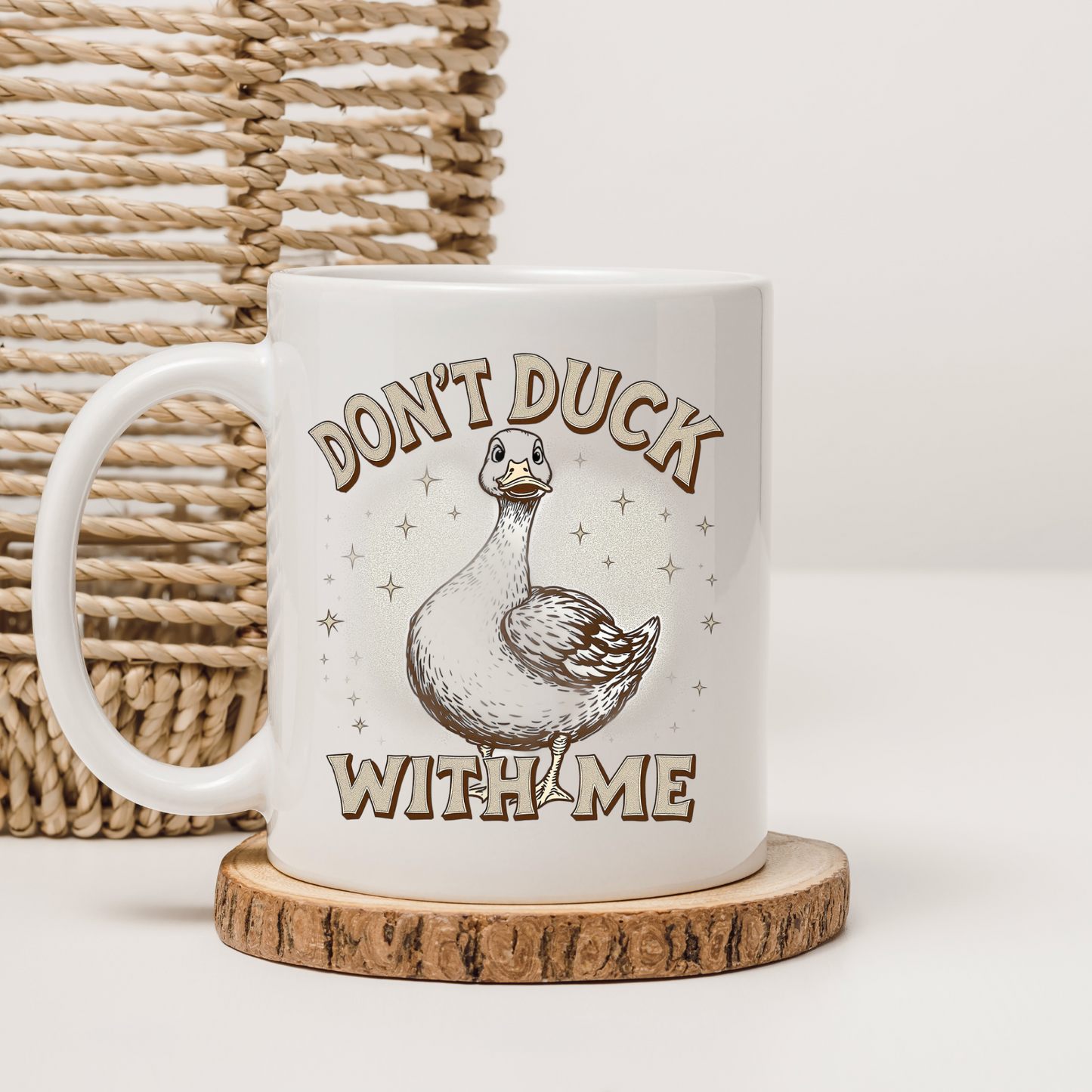 Funny 'Don’t Duck With Me' sarcastic coffee mug featuring a bold duck design.