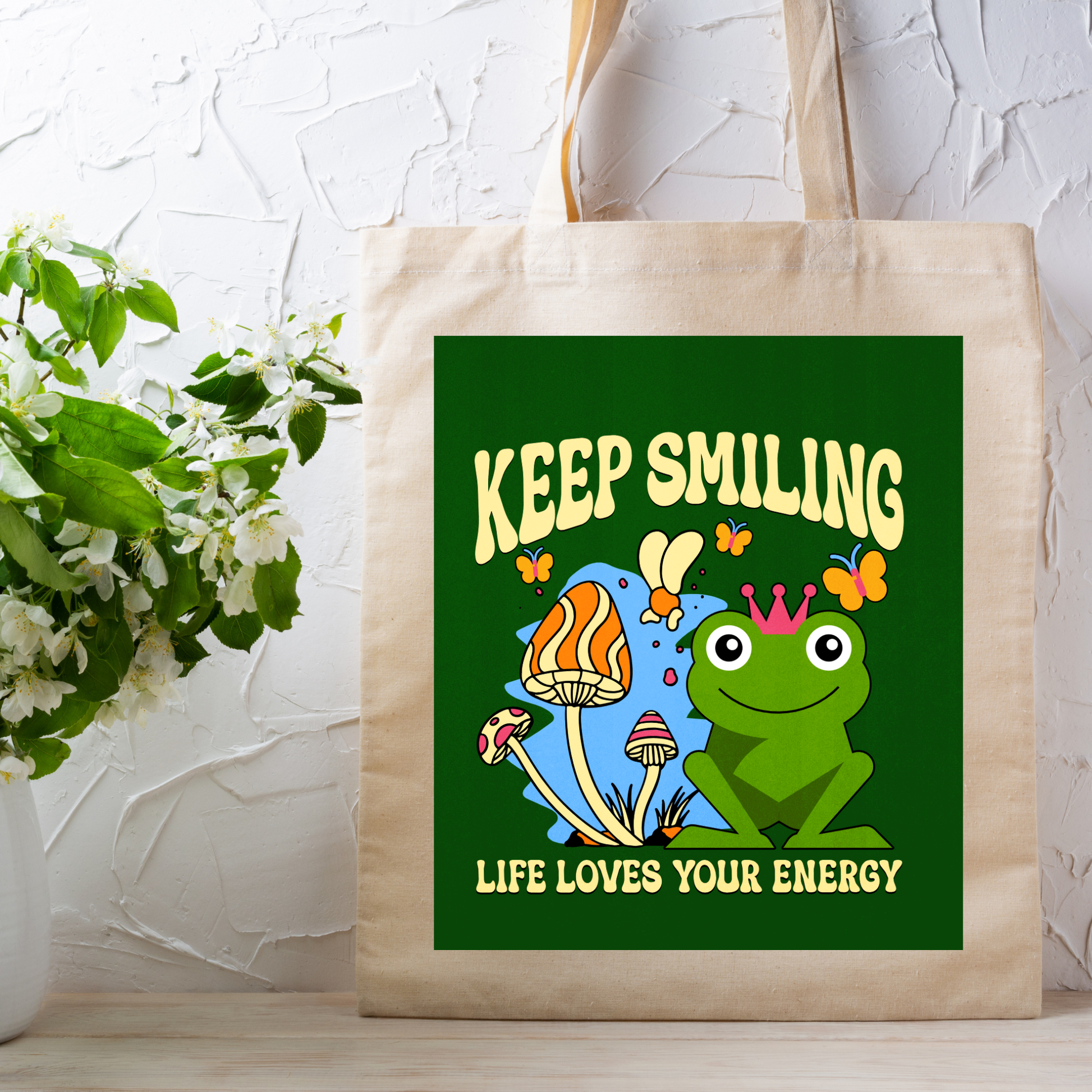 Cute frog aesthetic canvas tote bag with whimsical mushrooms and crown design.