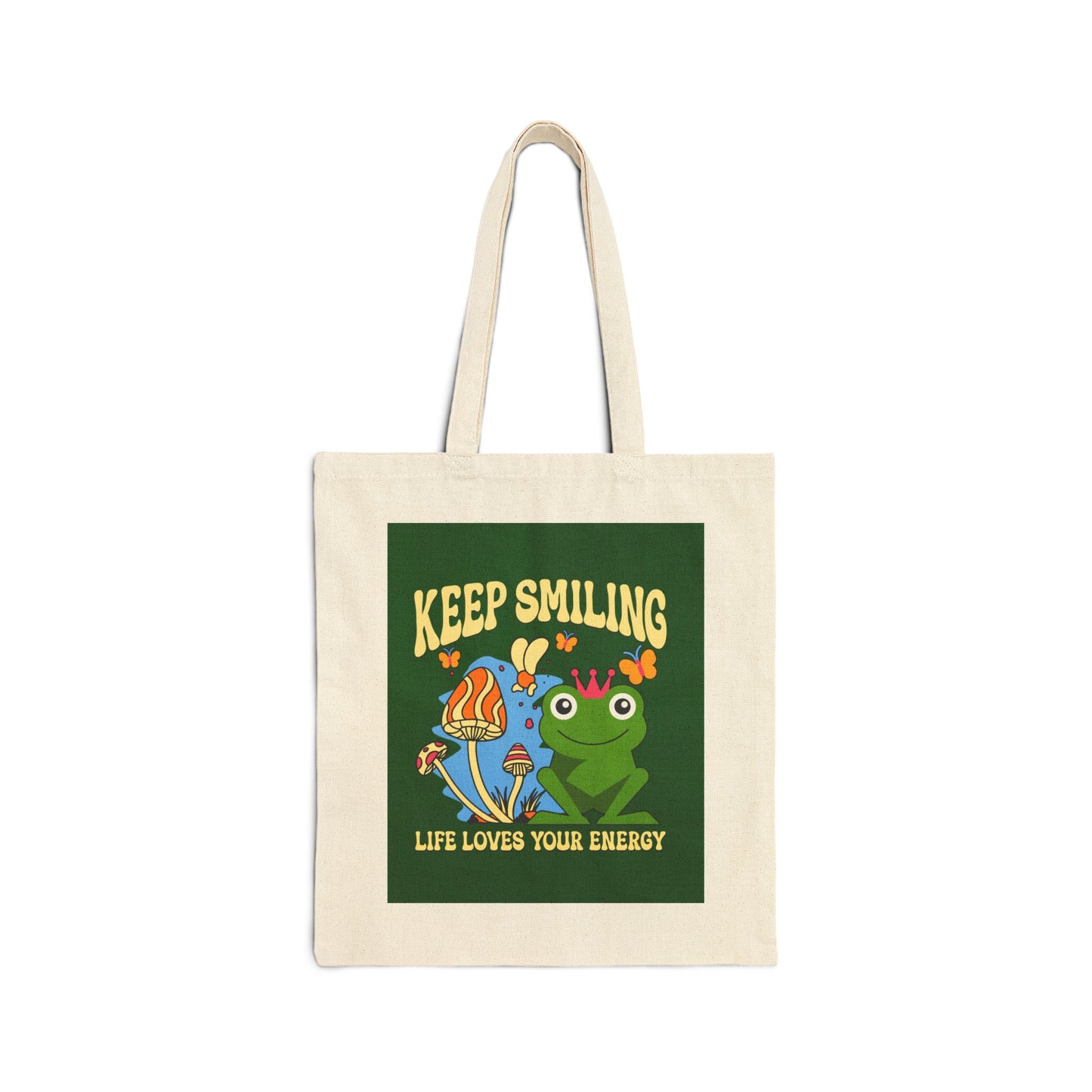 Close-up of high-quality cotton canvas material of frog and mushrooms tote bag