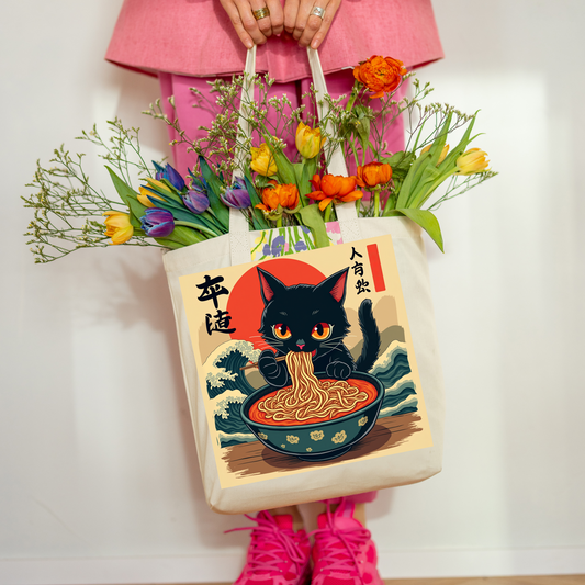 Adorable Ramen Cat Tote Bag – Japanese Style Canvas Bag with Cute Black Cat Design