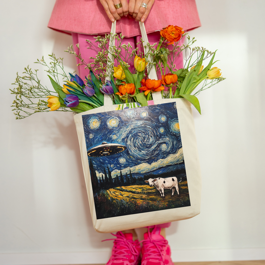 Starry Night UFO Tote Bag – Van Gogh-inspired alien abduction design on eco-friendly cotton canvas