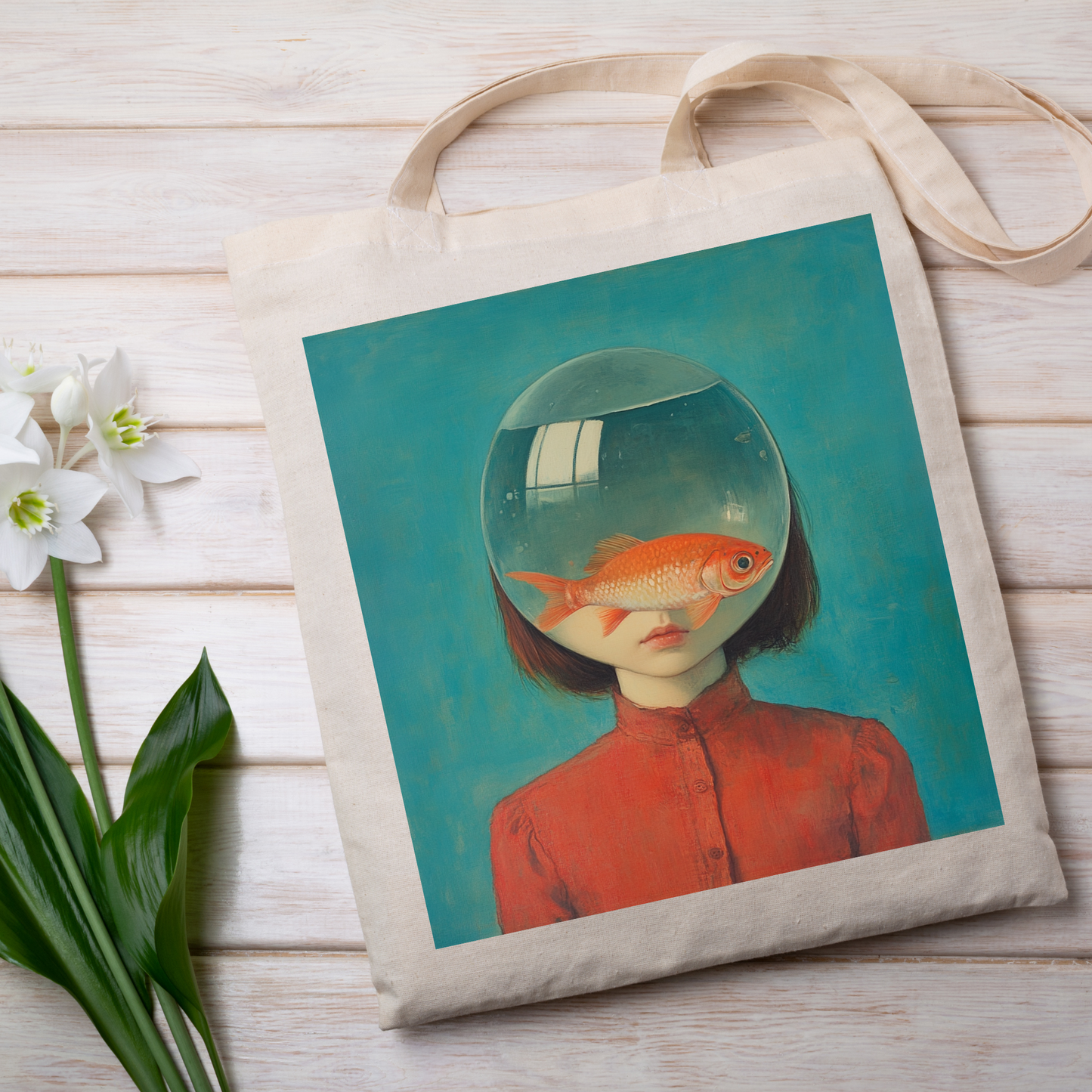 Quirky Fish Girl illustration on durable cotton tote – Perfect for art lovers and everyday use.